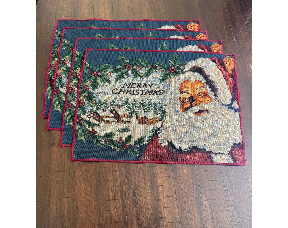 VTG jolly Santa Claus placemats tapestry Merry Christmas snowy village holly